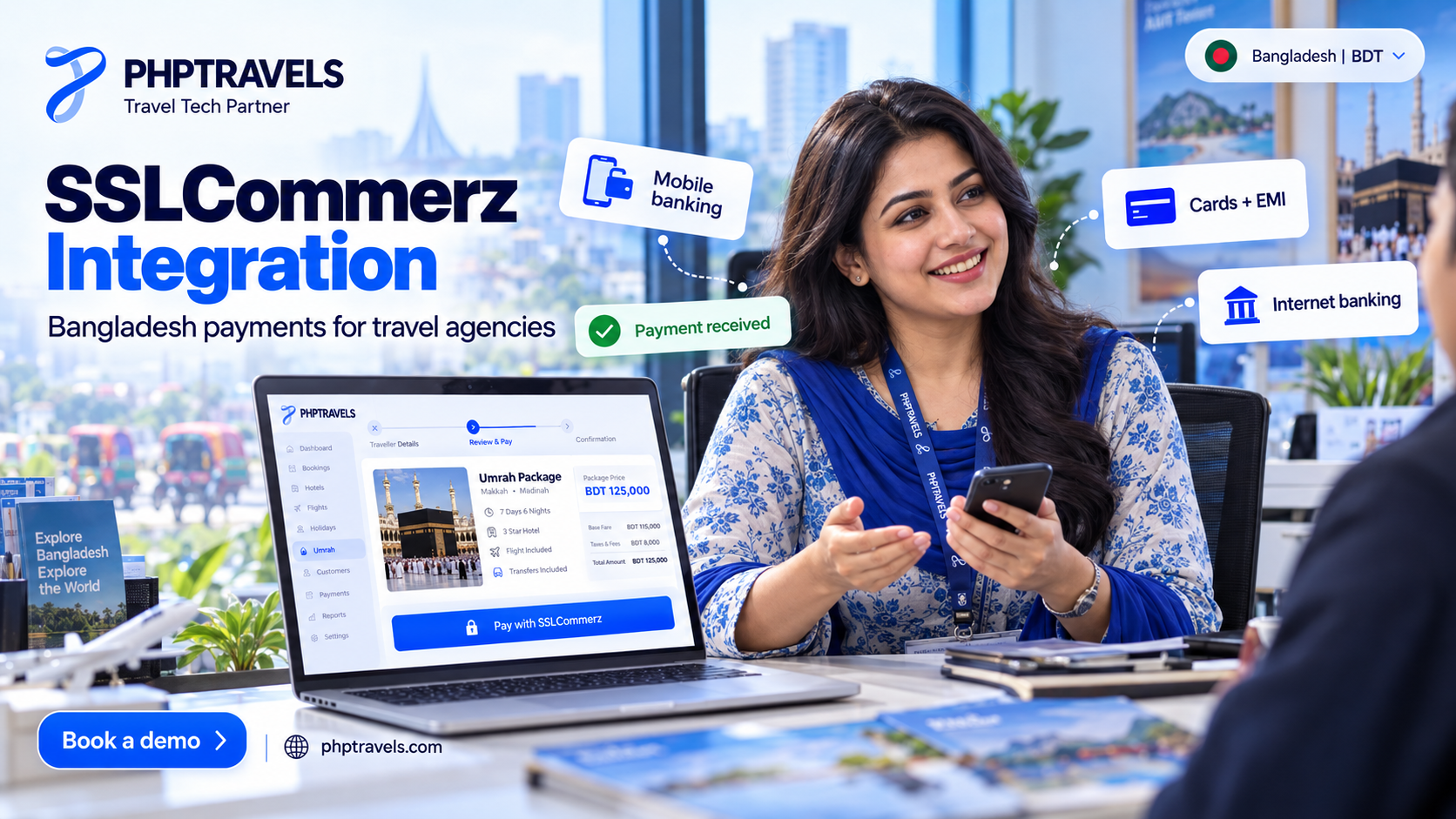Dhaka travel agent taking a BDT payment through SSLCommerz on a PHPTRAVELS booking site