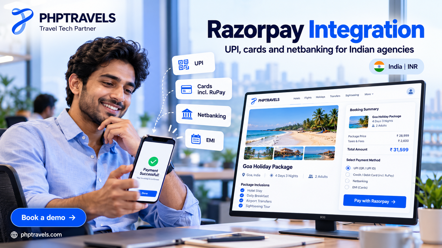 Indian travel consultant accepting UPI and card payments through Razorpay in PHPTRAVELS