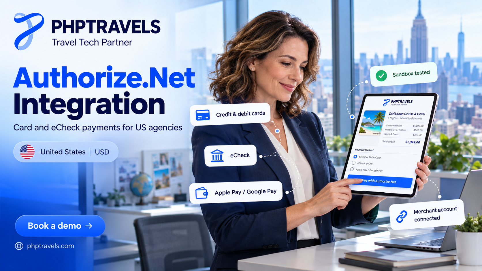 US travel agency owner reviewing an Authorize.Net card payment in the PHPTRAVELS admin