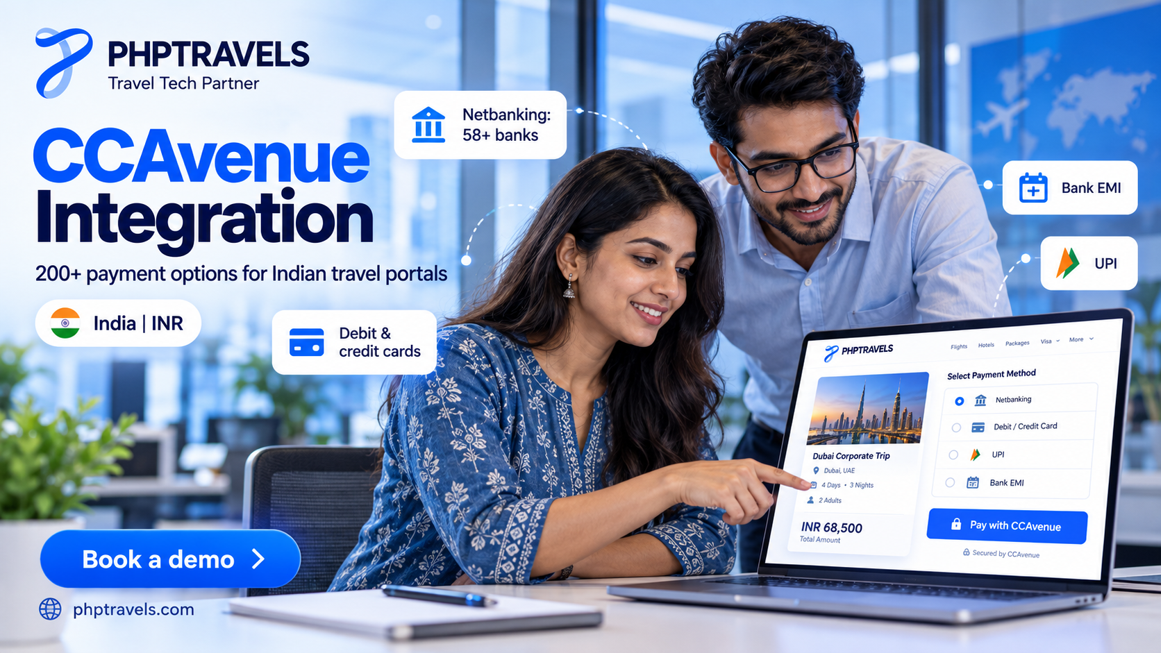 Delhi travel team choosing netbanking and EMI options through CCAvenue at a PHPTRAVELS checkout
