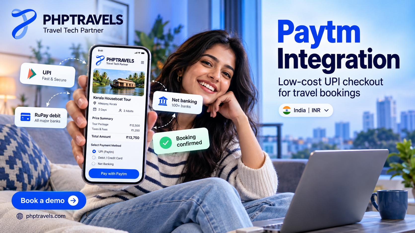 Indian traveller paying for a tour on mobile with Paytm through a PHPTRAVELS booking site