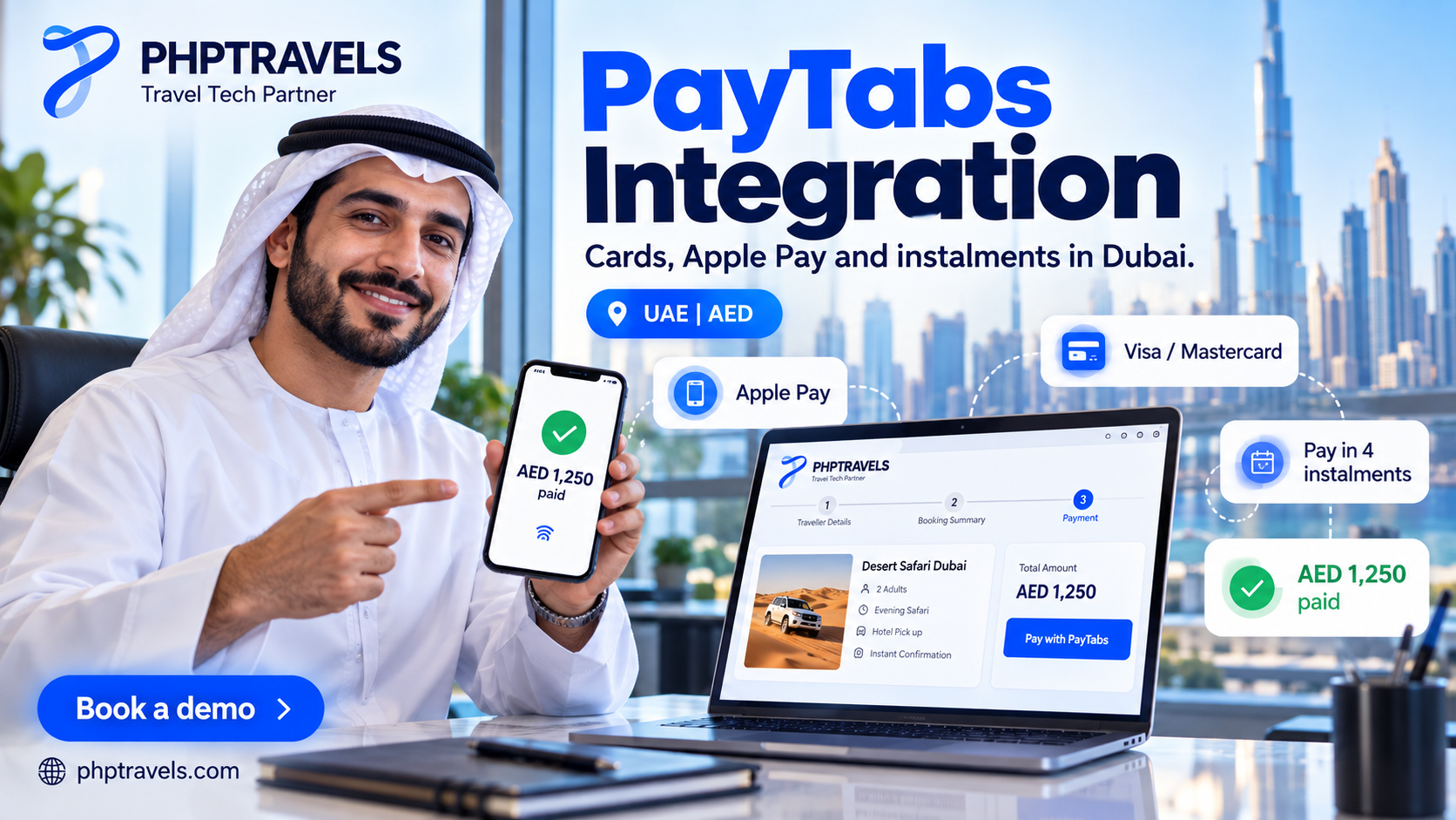 Dubai DMC manager confirming an AED desert safari payment through PayTabs in PHPTRAVELS