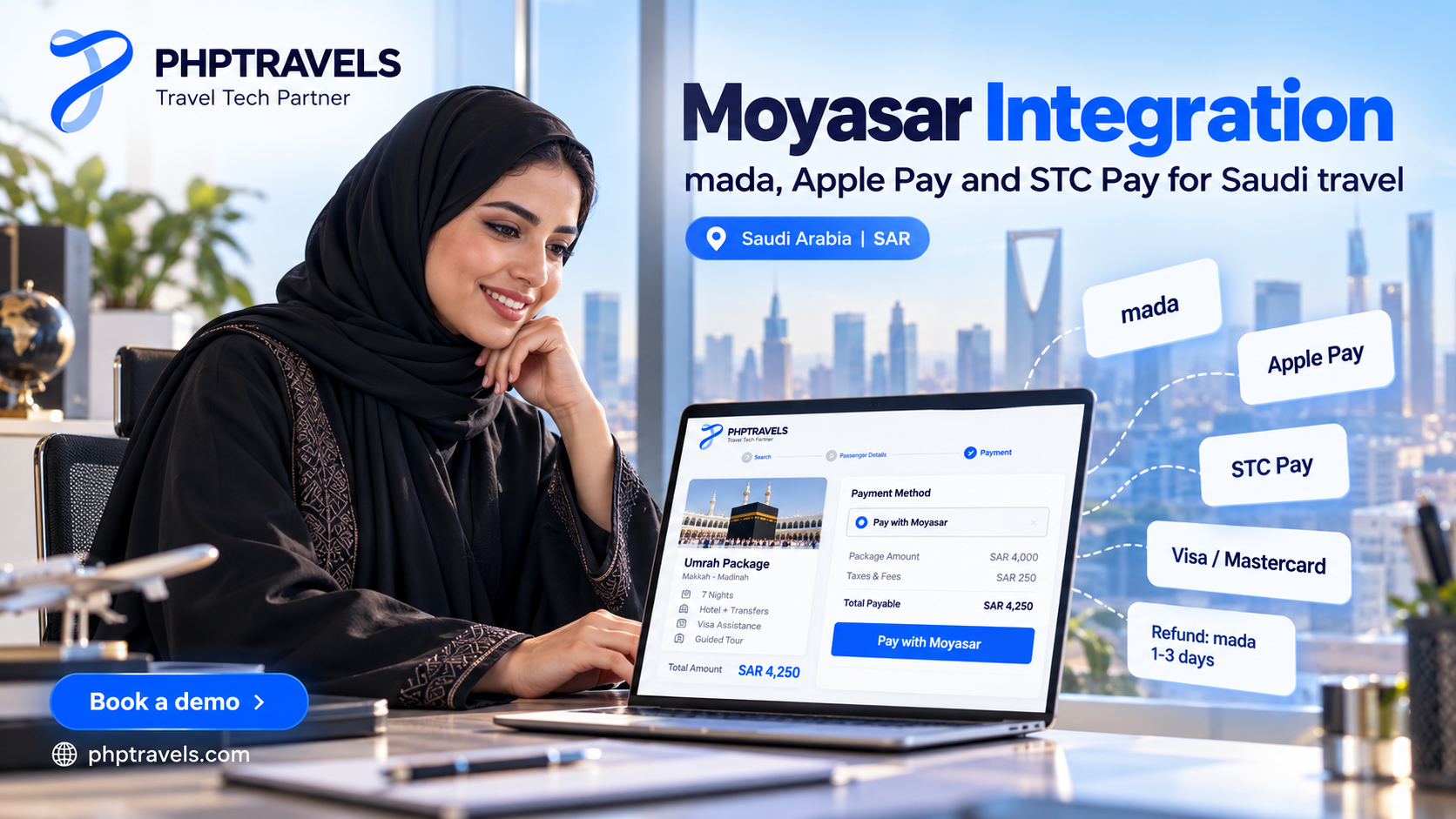 Riyadh travel agent processing a SAR Umrah package payment through Moyasar in PHPTRAVELS