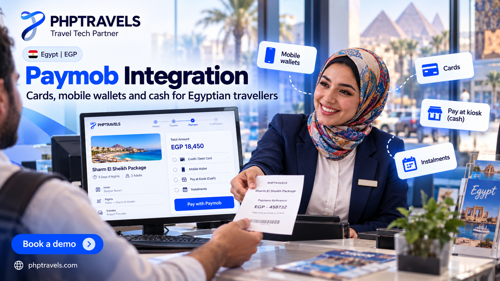 Cairo travel agent taking a wallet or kiosk payment through Paymob in PHPTRAVELS