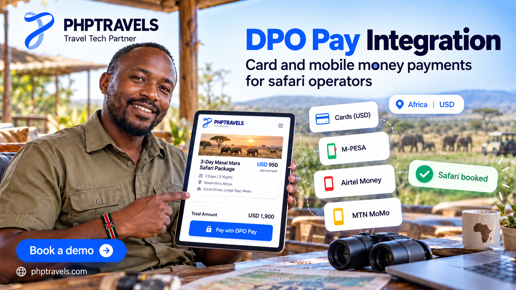 Kenyan safari operator accepting a USD card or mobile money payment through DPO Pay in PHPTRAVELS
