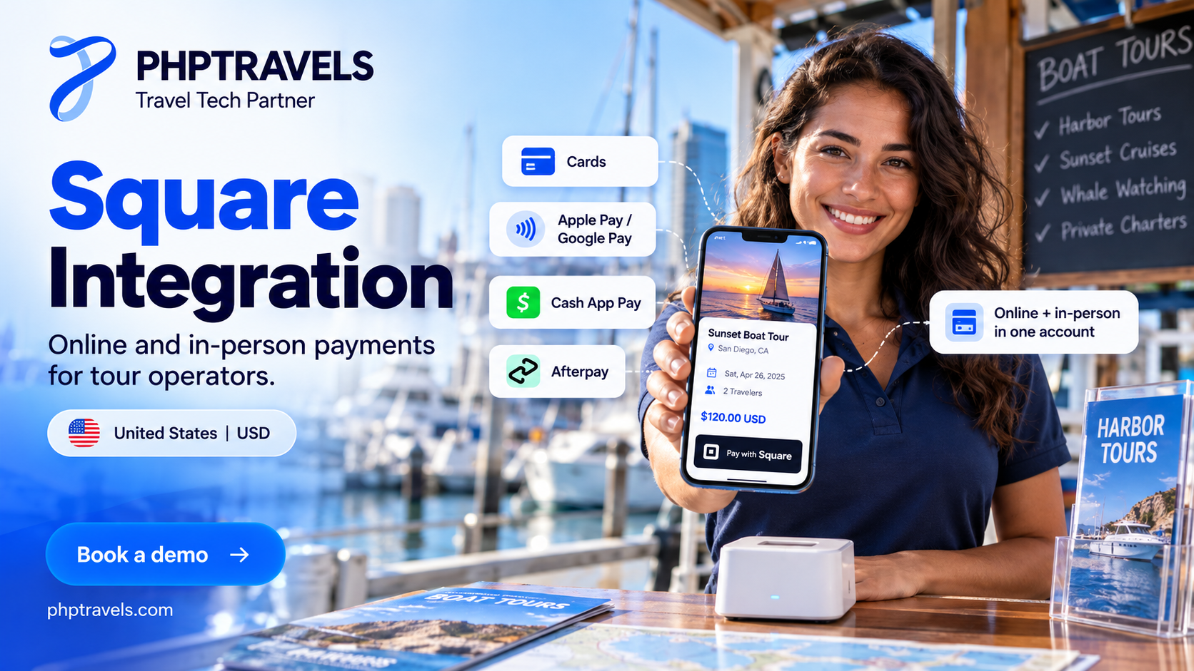 US tour operator taking online and in-person payments with Square through PHPTRAVELS