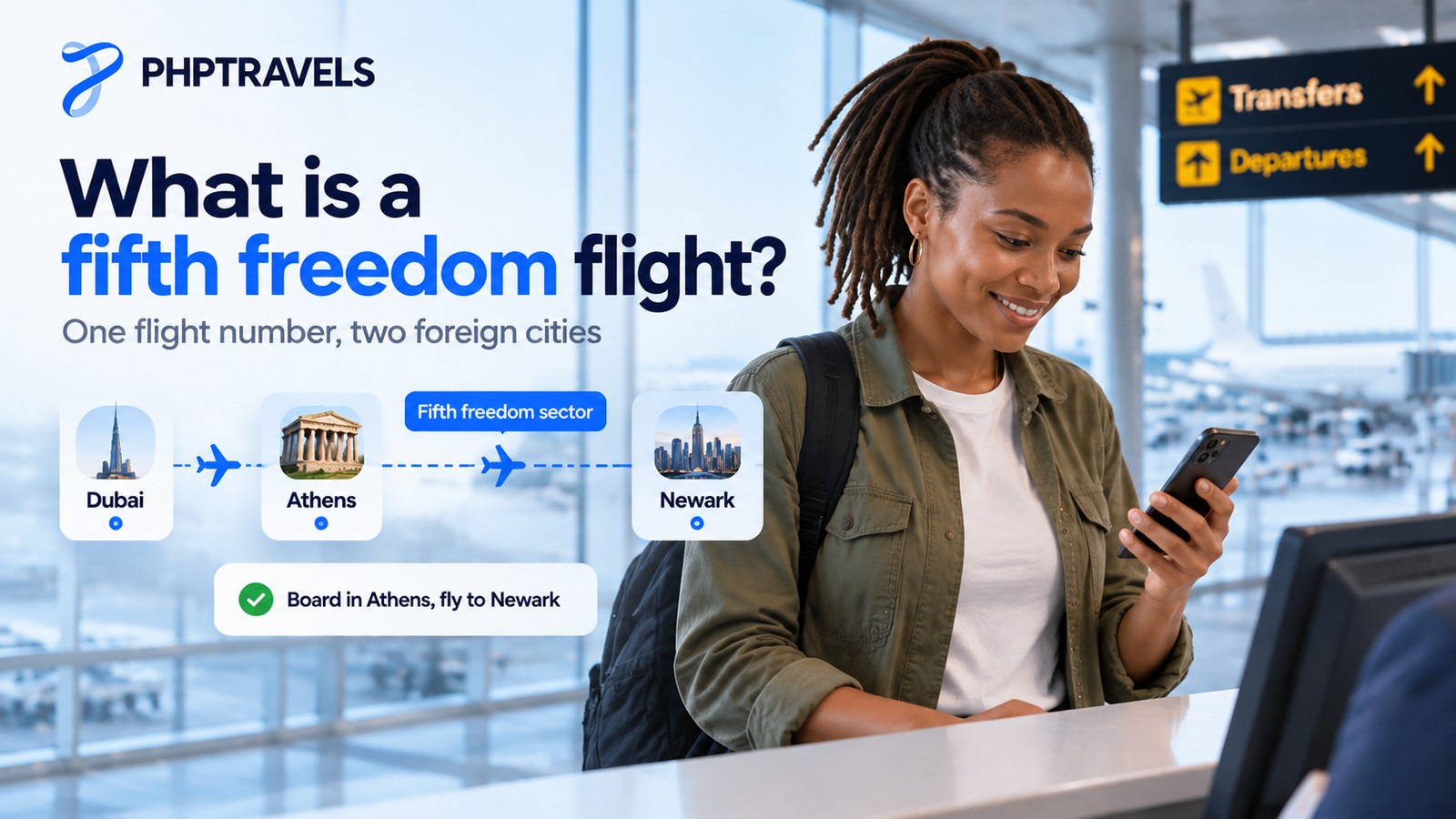 Traveller at an airport transfer desk reading a boarding pass for a flight that stops in Athens and continues to Newark, with cards marking which leg is the fifth freedom sector