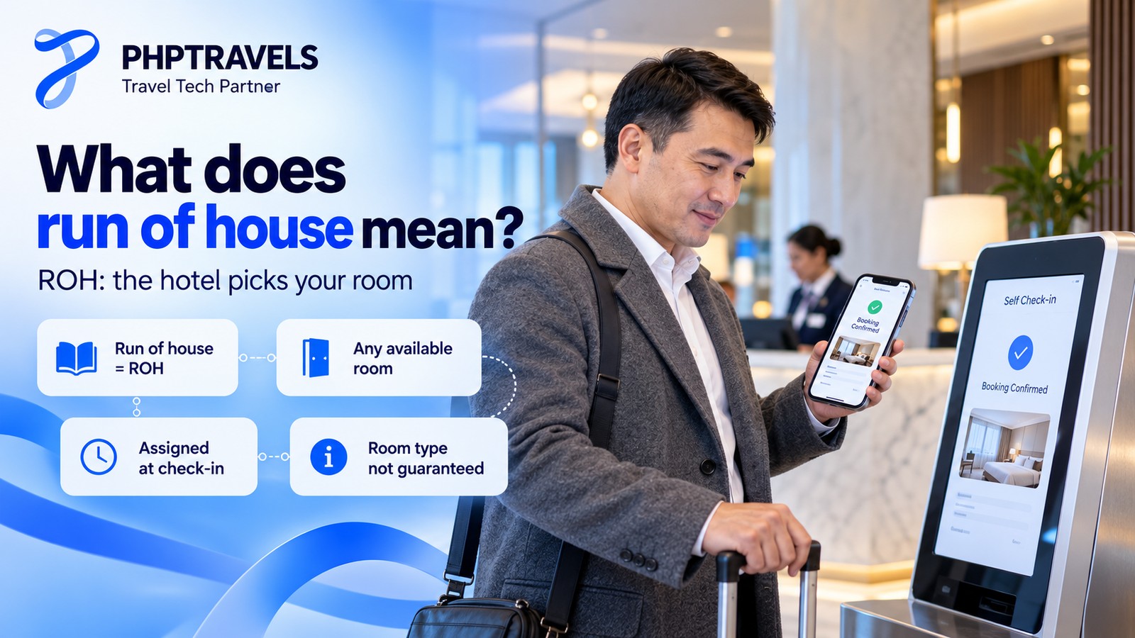 Guest at a hotel self check-in kiosk reading a booking confirmation where the room line says run of house, with cards defining ROH as any available room assigned by the hotel