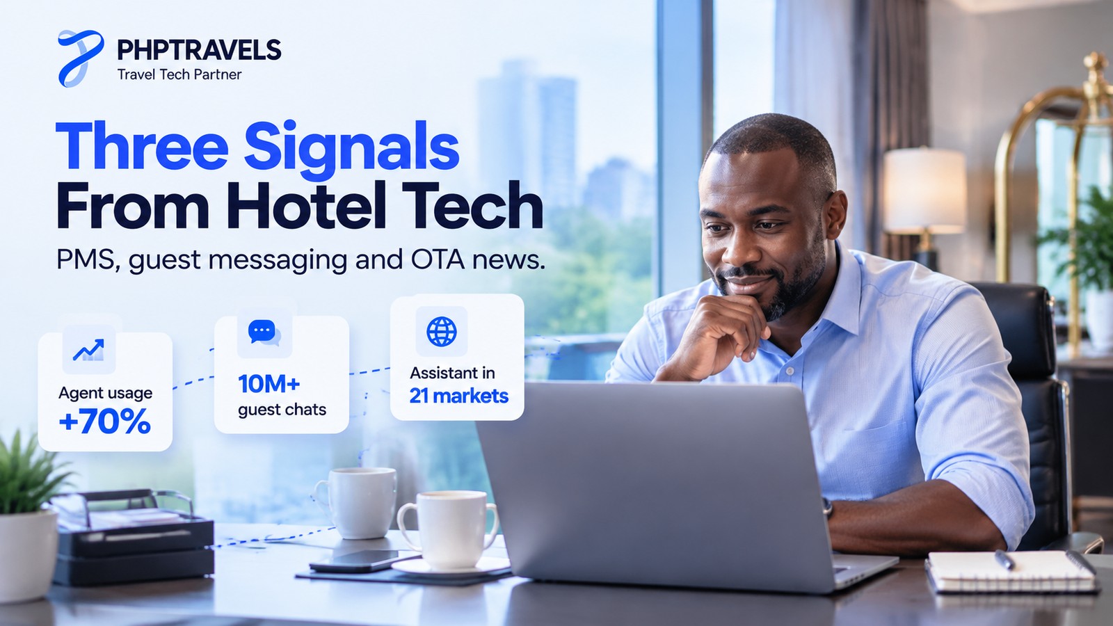 Hotel technology analyst in a back office reading three industry news updates on a laptop, with cards summarising agent usage growth, guest conversations handled by AI and an OTA assistant rollout