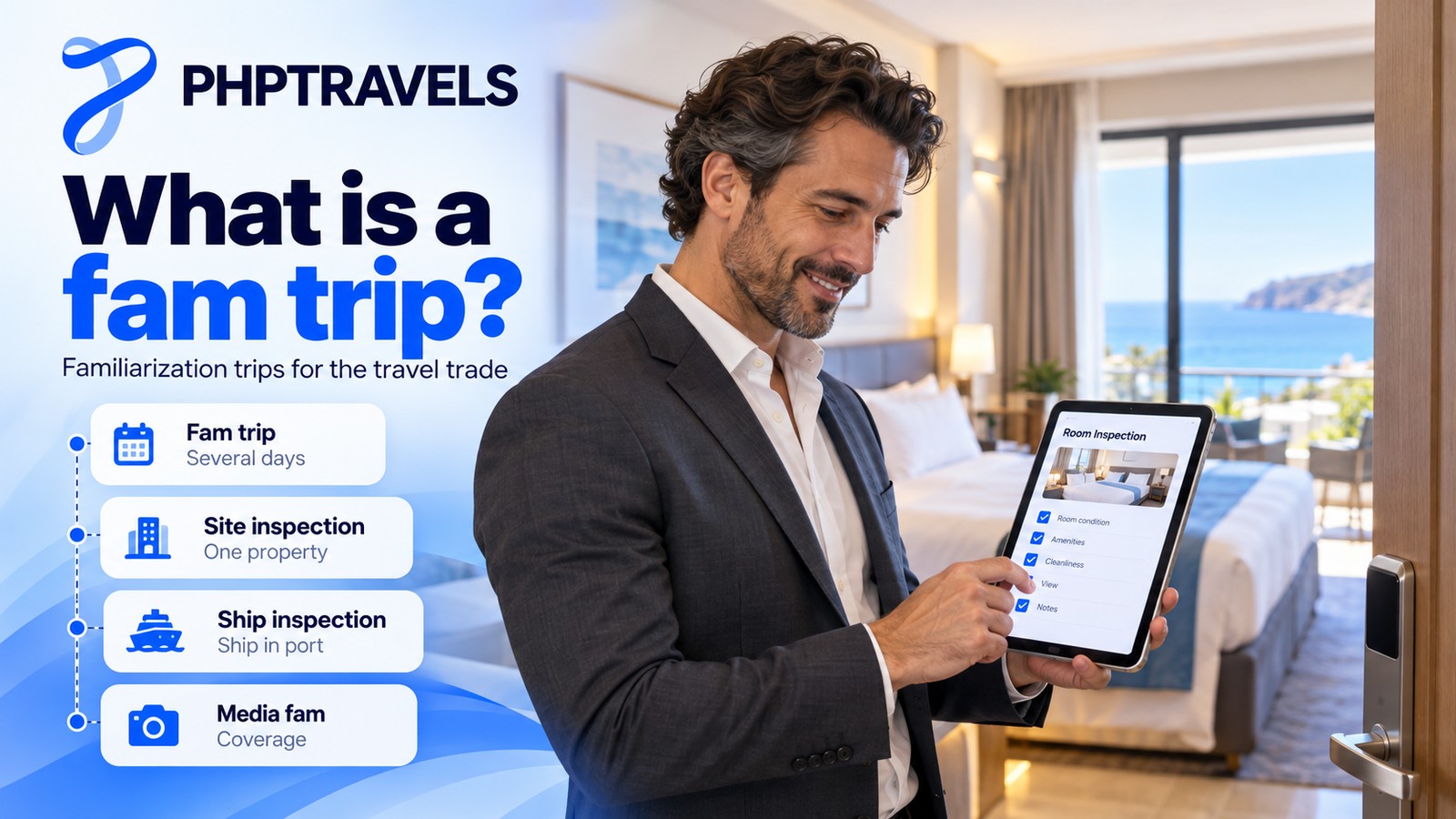 Hotel sales manager in a sea-view guest room holding a site inspection checklist on a tablet, with cards comparing a fam trip, a site inspection, a ship inspection and a media fam