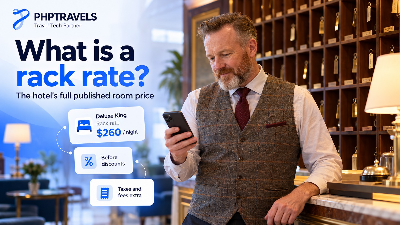 Hotel manager in a boutique hotel lobby with key pigeonholes checking a room's published rack rate per night on his phone