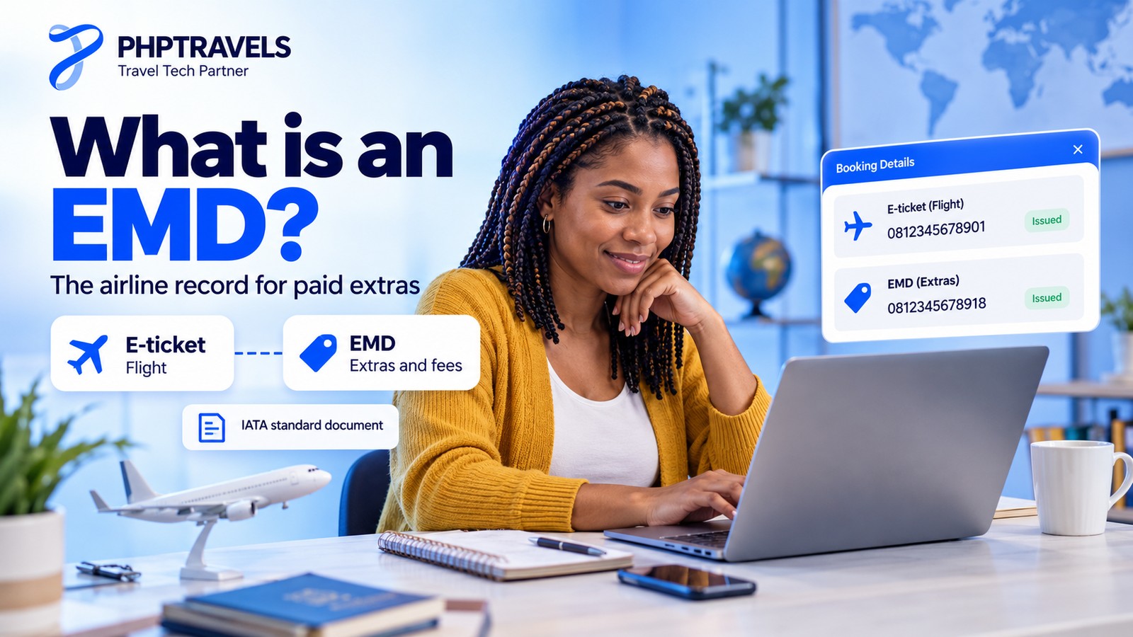 Woman at a home-office laptop comparing an e-ticket number and an EMD number for paid airline extras
