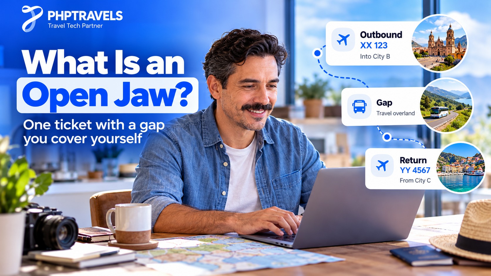 Man at a kitchen table planning an open jaw flight on a laptop, with cards for an outbound flight into city B, an overland gap and a return flight from city C