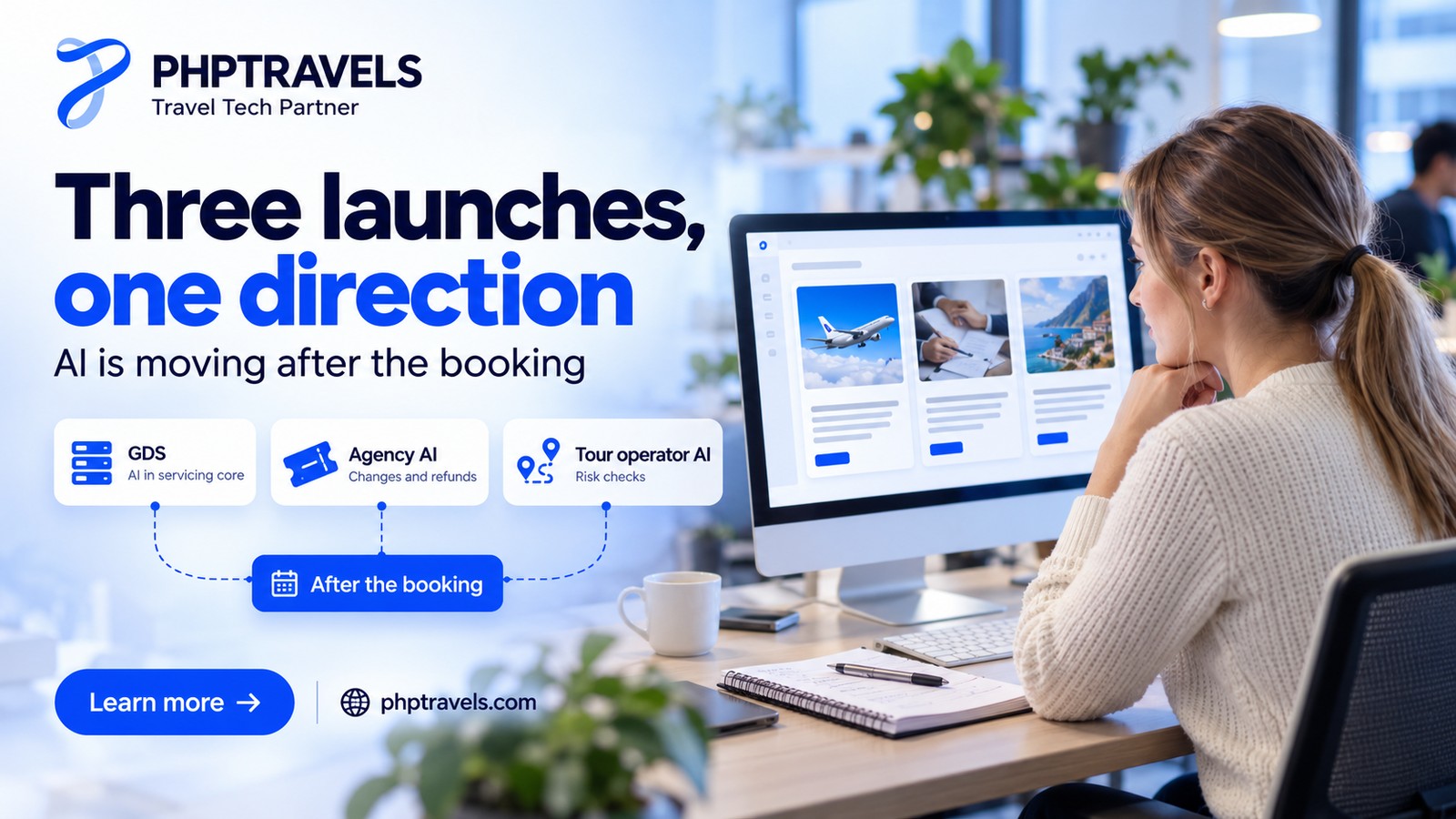 Travel technology analyst in a co-working space reading three industry announcements on a large monitor, with cards for a GDS rebuild, a servicing agent and a disruption check