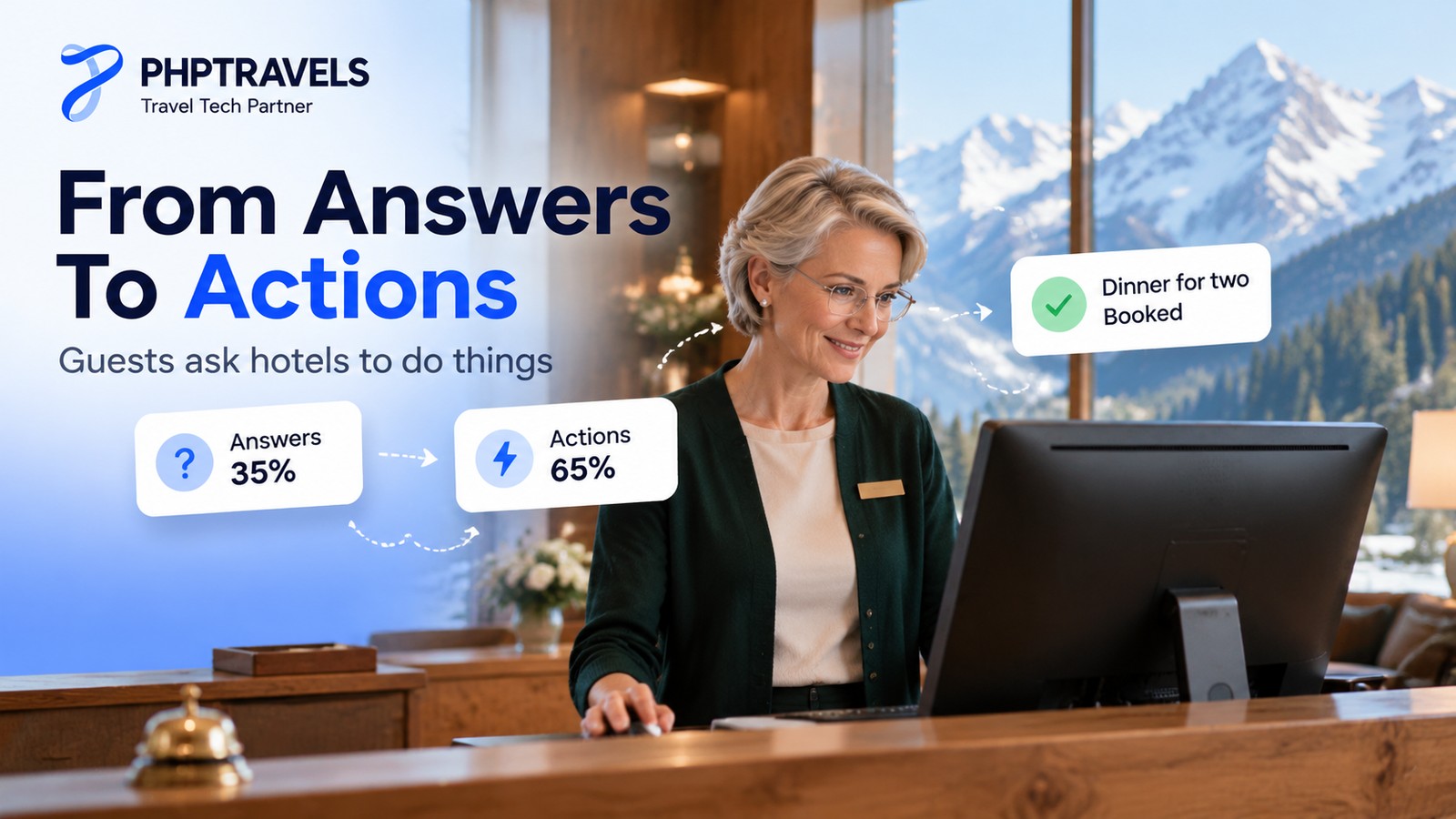 Hotel reception manager at an alpine hotel desk watching a guest request move from a question to a completed task on a desktop monitor, with cards for answer versus action