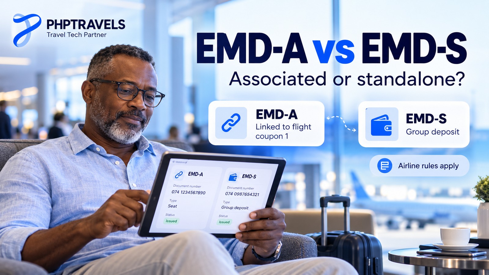 Traveller in an airport lounge reviewing an EMD-A for a seat linked to flight coupon 1 and a standalone EMD-S for a group deposit on a tablet