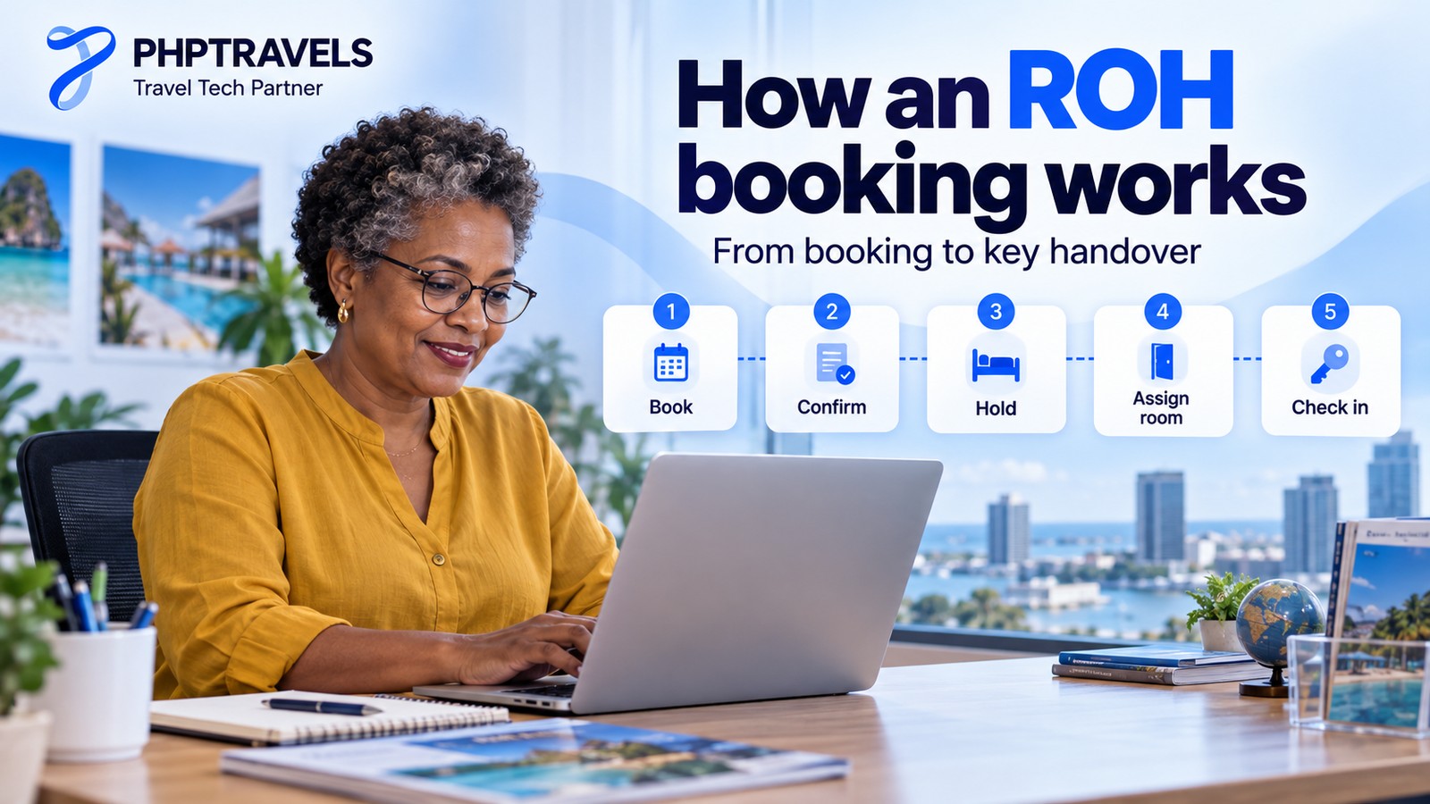 Travel agent at a desk following the steps of a run of house booking on a laptop, from search and confirmation to room assignment and check-in