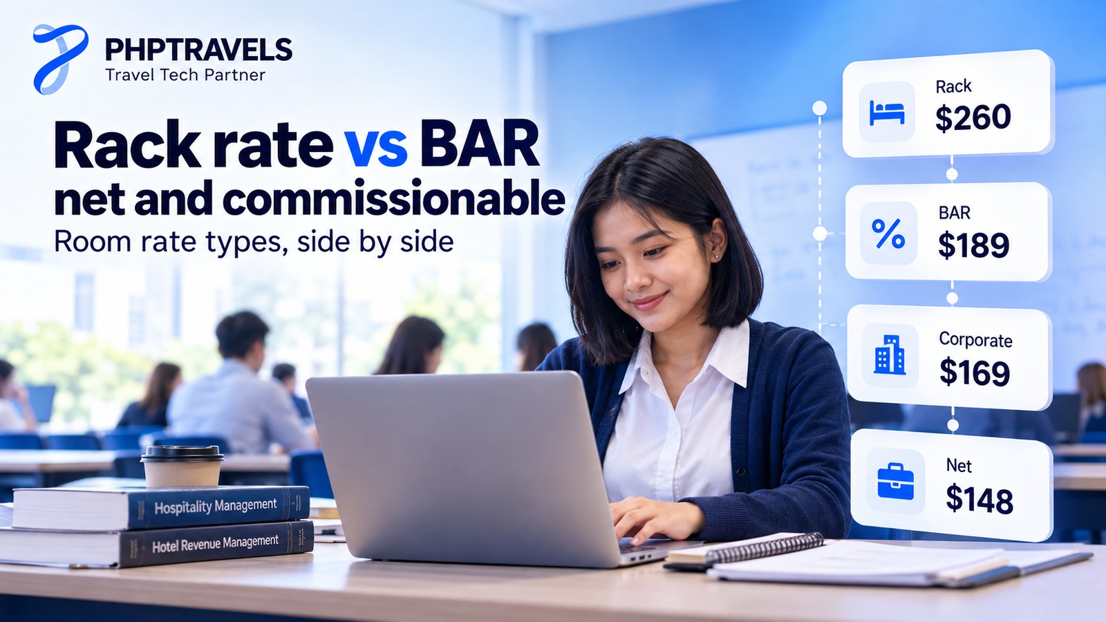 Hospitality student at a classroom laptop comparing room rate types: rack rate, best available rate, corporate rate and net rate