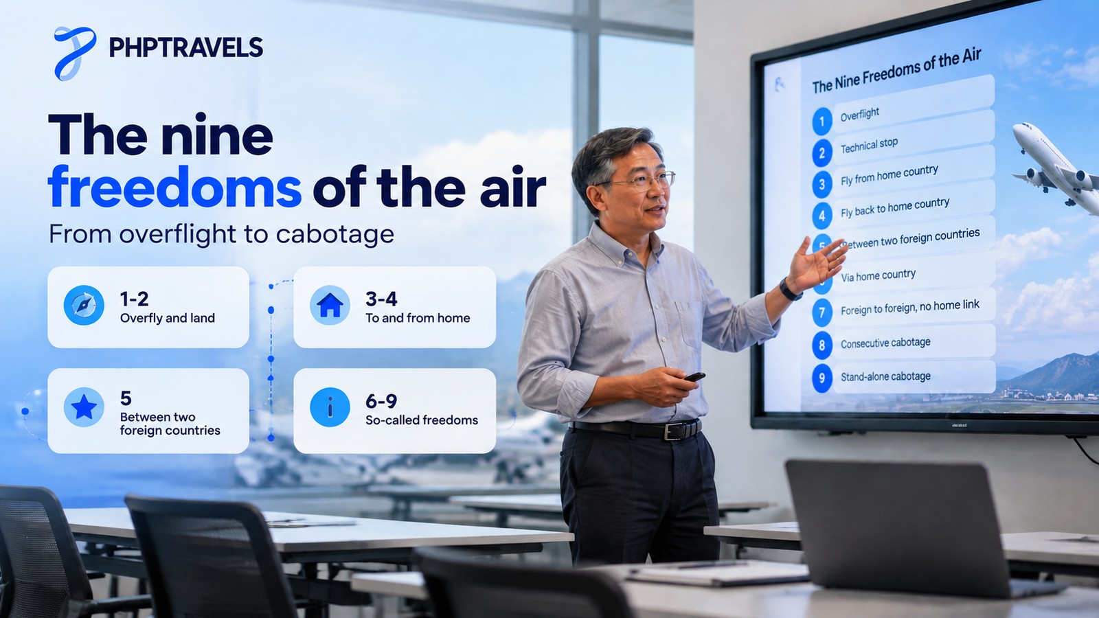 Aviation instructor in a training classroom explaining the nine freedoms of the air on a large wall screen, with numbered cards from overflight to cabotage