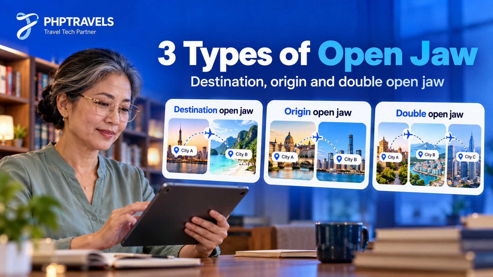 Woman in a library reading a tablet beside three cards showing destination open jaw, origin open jaw and double open jaw routes