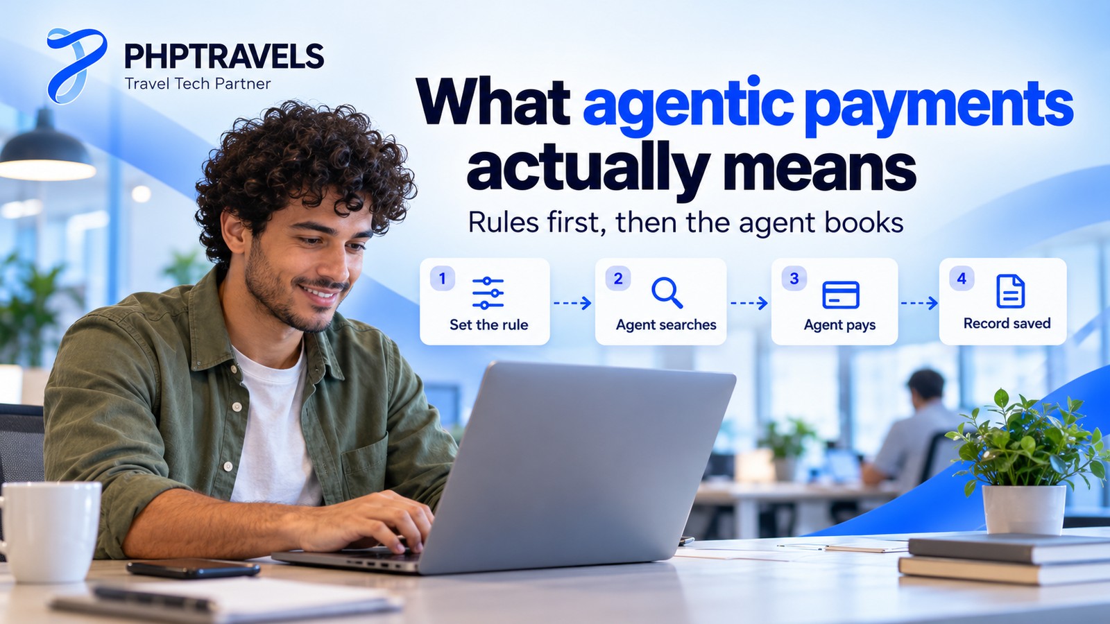 Young professional in a coworking space with a laptop beside a four-step flow of rule, search, pay and record