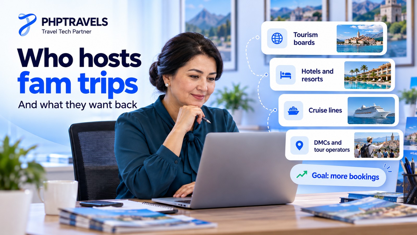 Tourism board trade manager at a desk reviewing a list of travel agents selected for a destination fam trip, with cards for tourism boards, hotels, cruise lines and DMCs