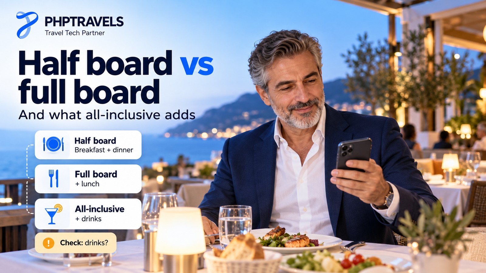Hotel guest at a restaurant terrace dinner table checking his phone beside cards comparing half board, full board and all-inclusive