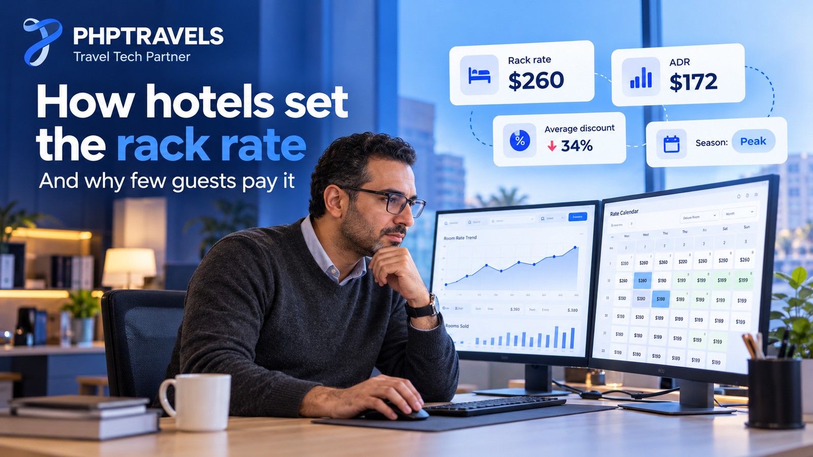 Hotel revenue manager at two monitors with a rate calendar and room rate trend, comparing the rack rate with average daily rate and the discount gap