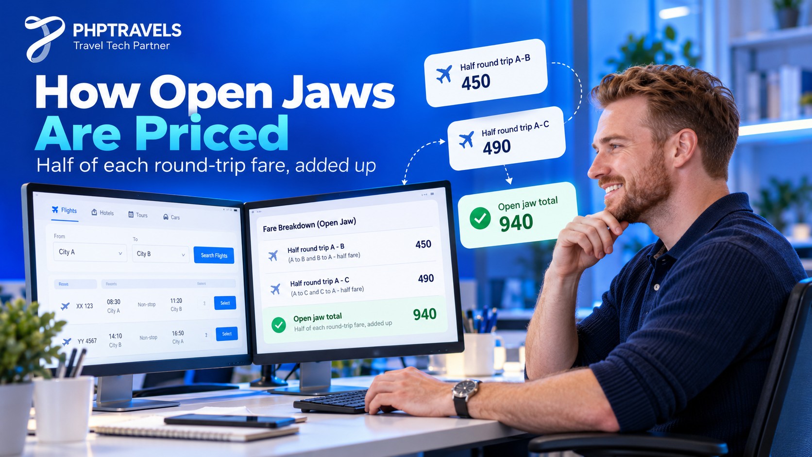 Man at an office desk with two monitors showing an open jaw fare built from two half round-trip fares, 450 plus 490 for a total of 940