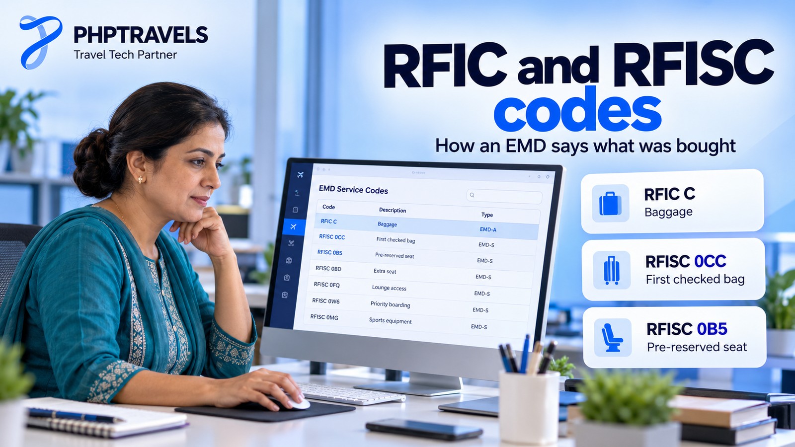 Office worker at a desktop monitor reading a table of EMD service codes, with RFIC C baggage, RFISC 0CC first checked bag and RFISC 0B5 seat cards