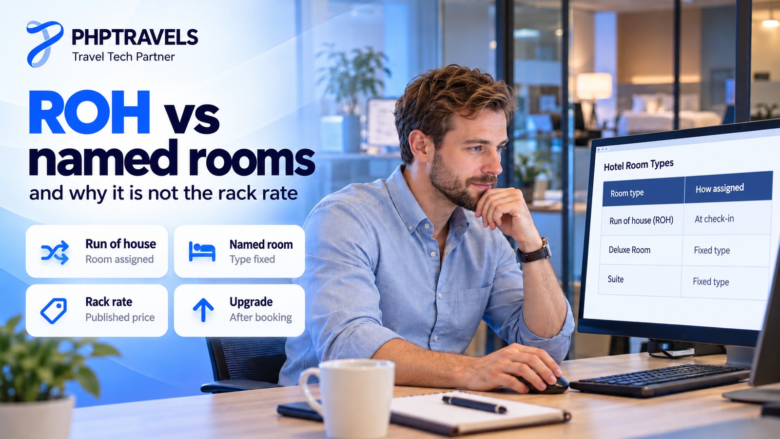 Hotel revenue analyst comparing a run of house rate with named room rates and the rack rate on a desktop monitor
