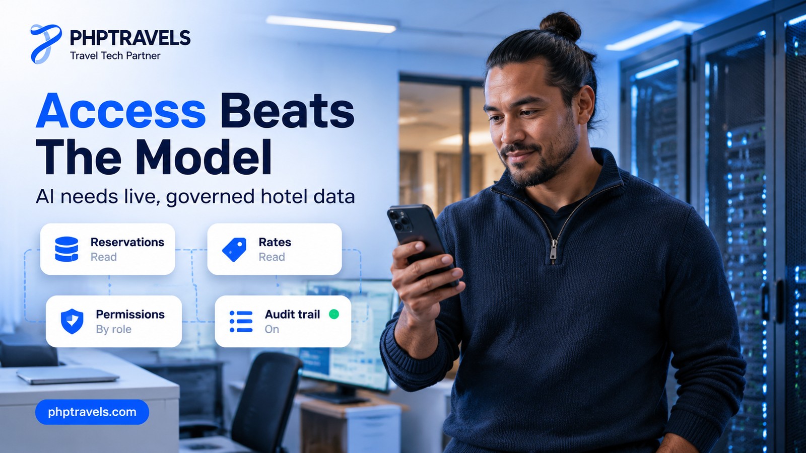 Hotel systems engineer in a server and operations room checking on a smartphone which data an AI agent may read, with cards for reservations, rates, permissions and audit trail