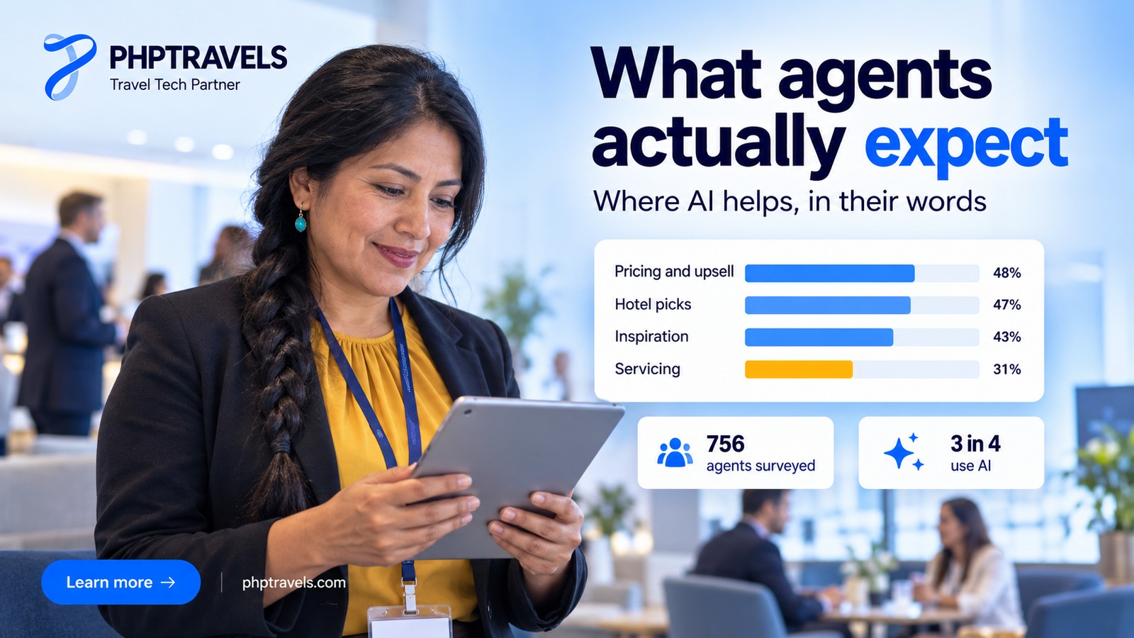 Researcher in a conference lounge reviewing travel agent survey results on a tablet, with a bar chart where servicing scores lower than pricing, hotel picks and inspiration