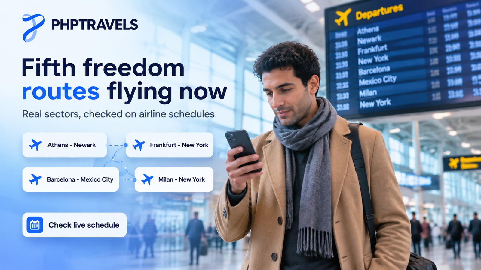 Passenger in an airport departures hall checking a smartphone under a flight information board listing routes such as Athens to Newark, Frankfurt to New York and Barcelona to Mexico City