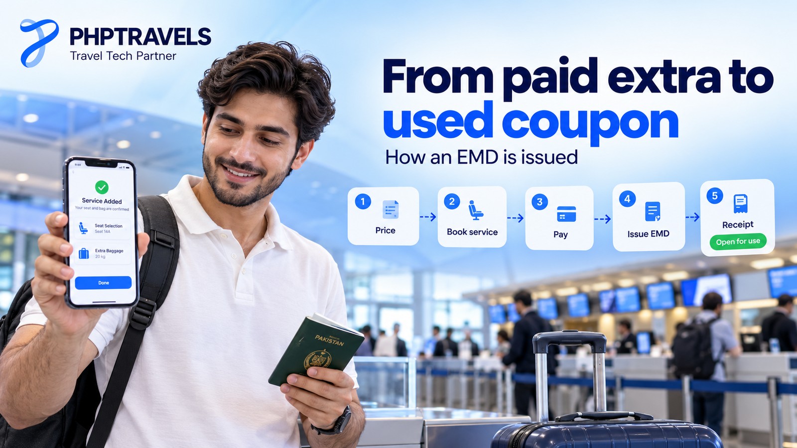 Young traveller at airport check-in holding a passport and a phone confirming a paid seat and extra bag, beside the five EMD issue steps