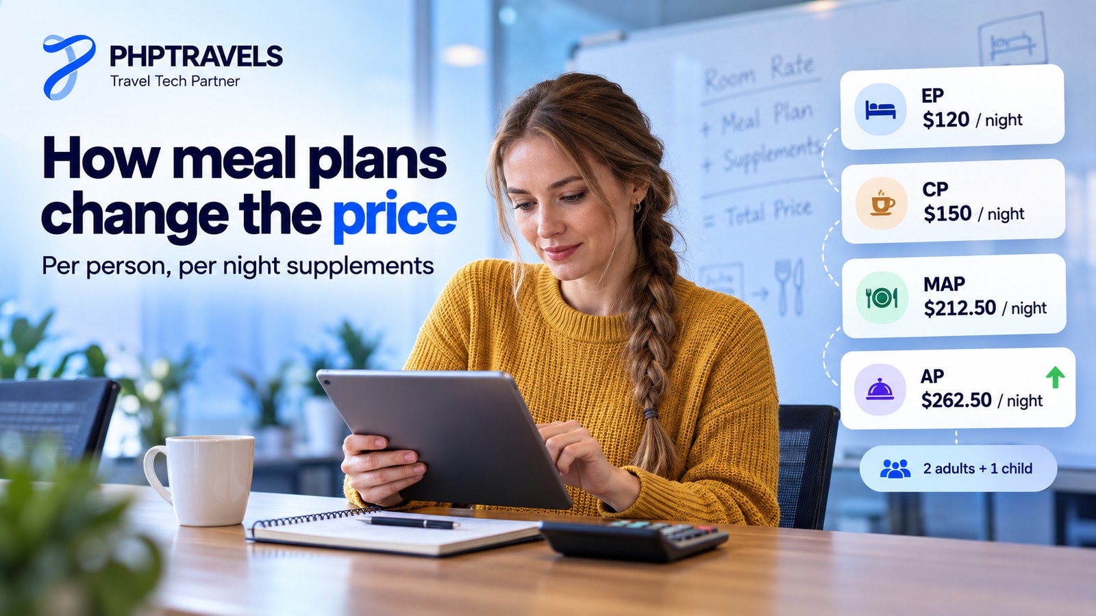 Travel consultant at a meeting table with a tablet, calculator and whiteboard working out how EP, CP, MAP and AP meal plans change a family hotel price per night