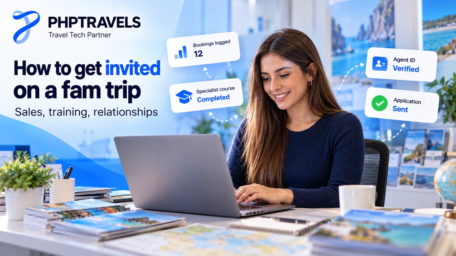 Travel agent at her agency desk filling in a fam trip application on a laptop, with cards for sales record, specialist training, agent ID and application