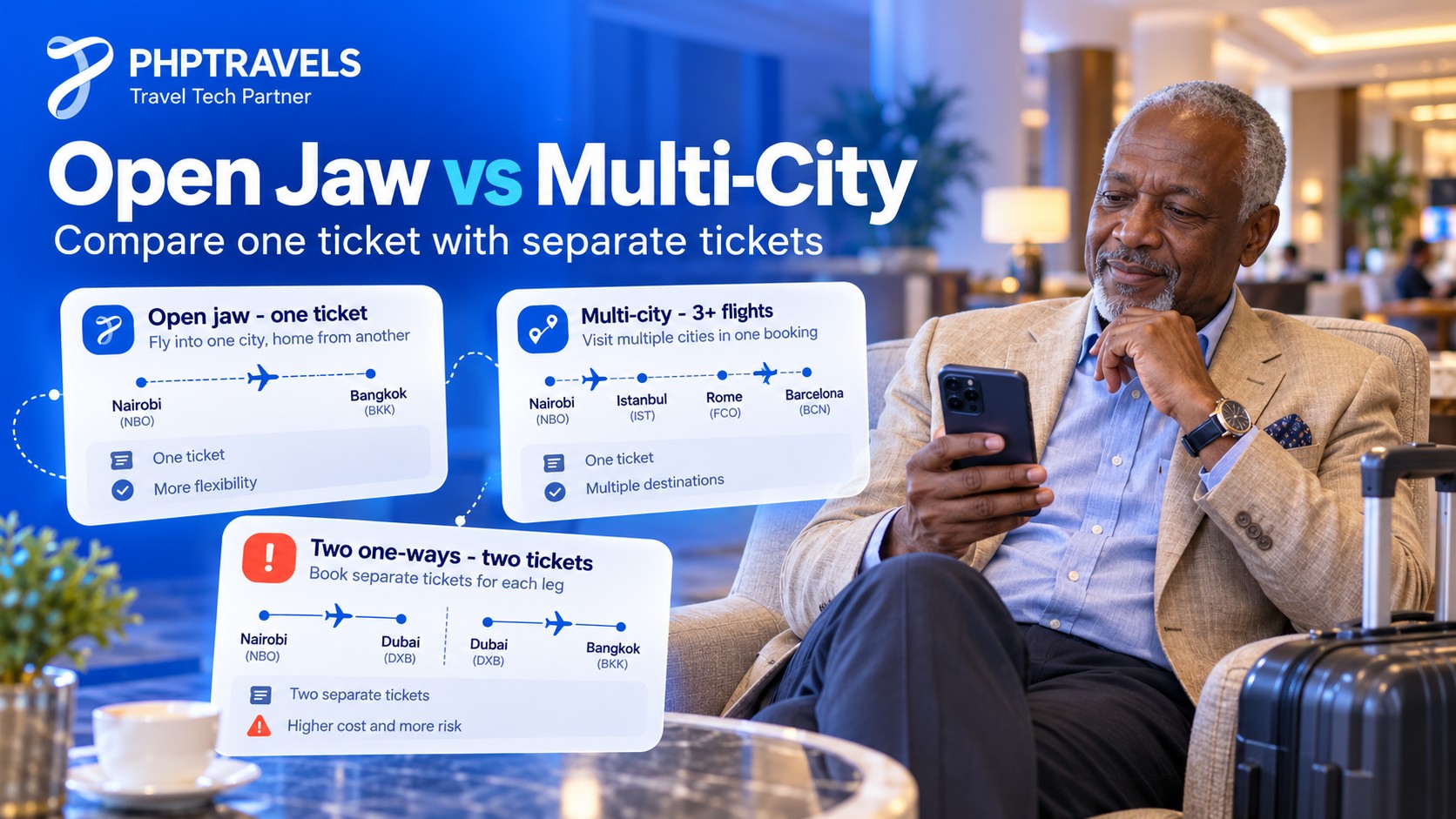 Older traveller in a hotel lobby comparing an open jaw ticket, a multi-city booking and two separate one-way tickets on his phone