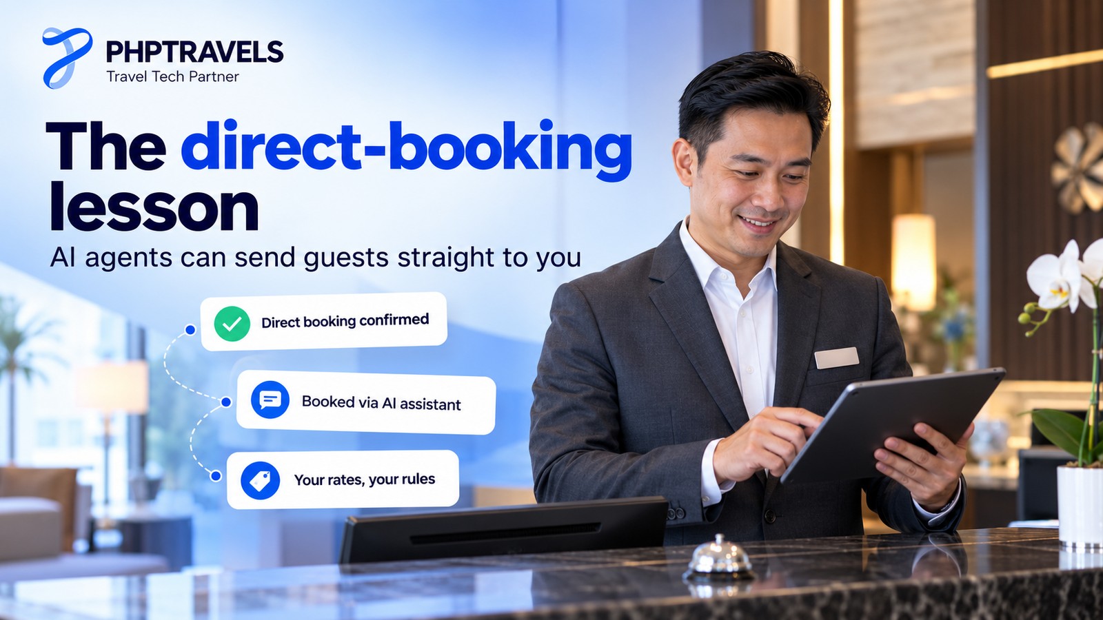 Hotel front-office manager holding a tablet that confirms a direct booking made through an AI agent