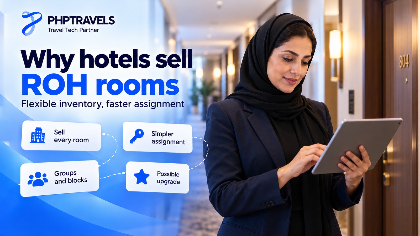 Hotel front office manager in a corridor of guest rooms checking a room availability chart on a tablet, with cards on why hotels sell run of house rooms