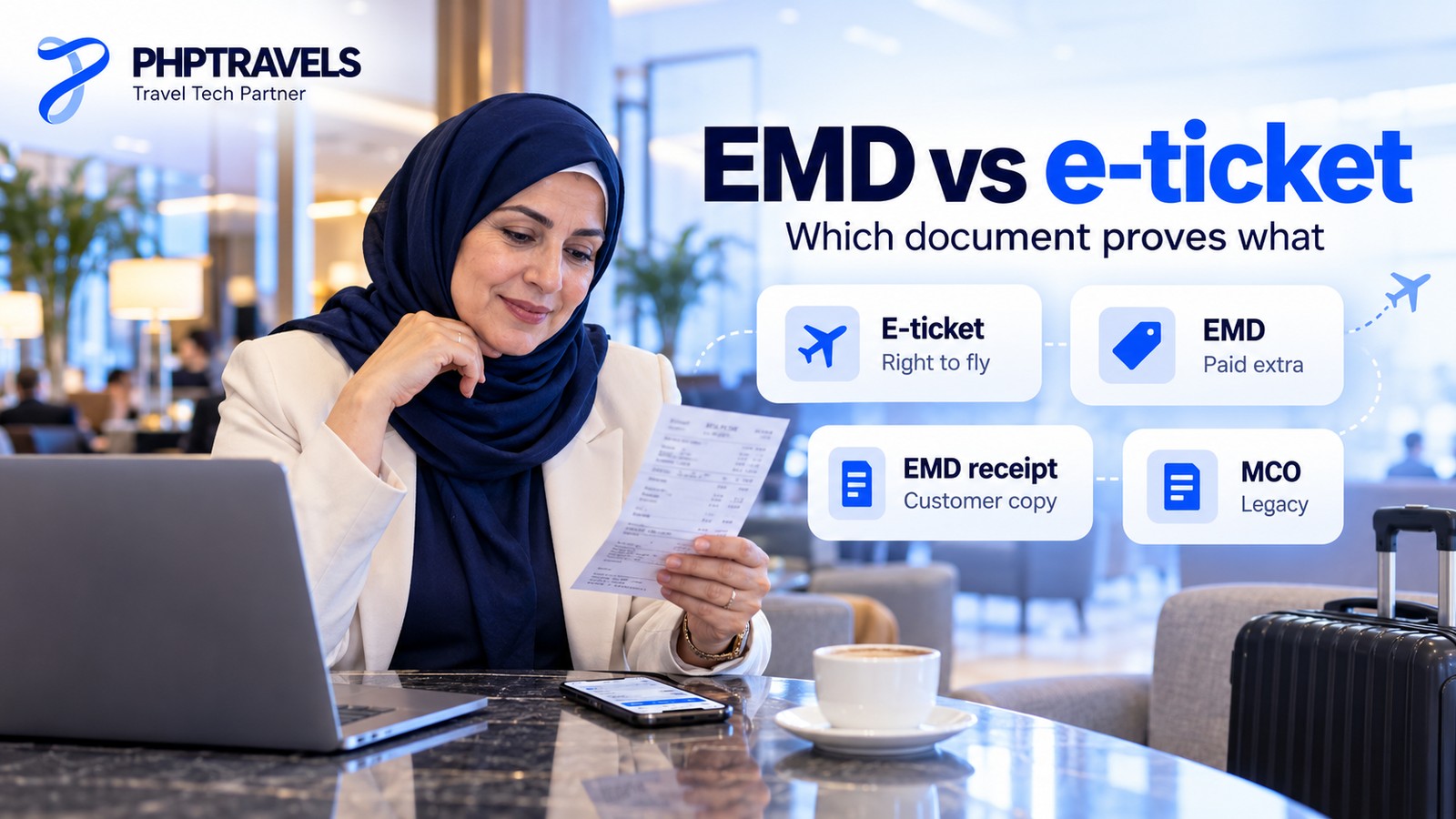 Traveller in a hotel lobby reading a printed EMD receipt, with her phone on the table and cards comparing an e-ticket, EMD, EMD receipt and MCO