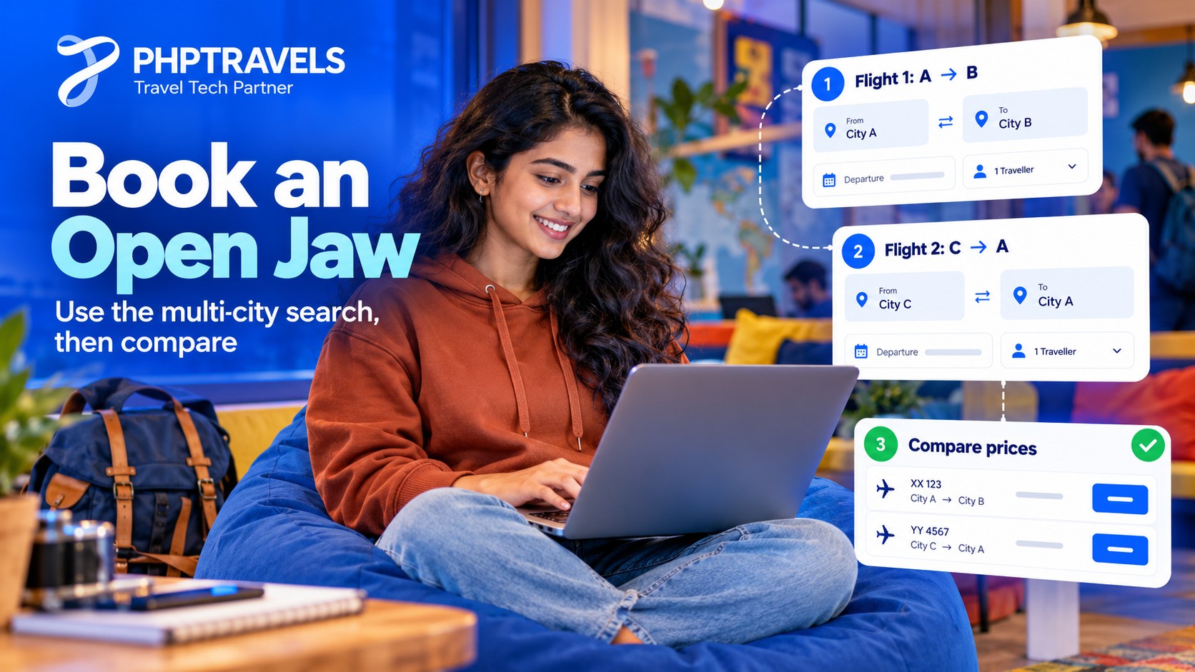 Young woman on a beanbag using a multi-city flight search on her laptop: flight 1 from city A to B, flight 2 from city C to A, then compare prices