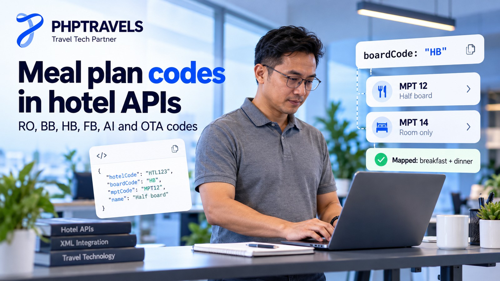 Software developer at a standing desk on a laptop beside a hotel API snippet mapping board code HB to meal plan code 12, half board