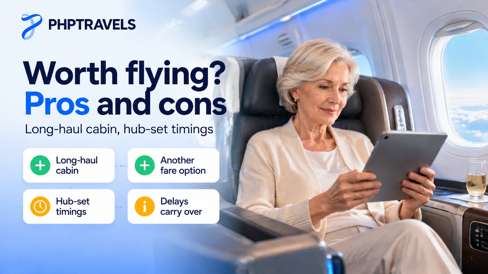Passenger in a lie-flat business class seat on a wide-body aircraft using a tablet, with cards weighing the pros and cons of a fifth freedom sector