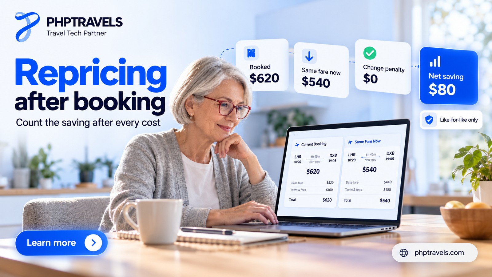 Agency owner at a kitchen table comparing an original fare with a cheaper like-for-like fare on a laptop, with cards for change penalty and net saving