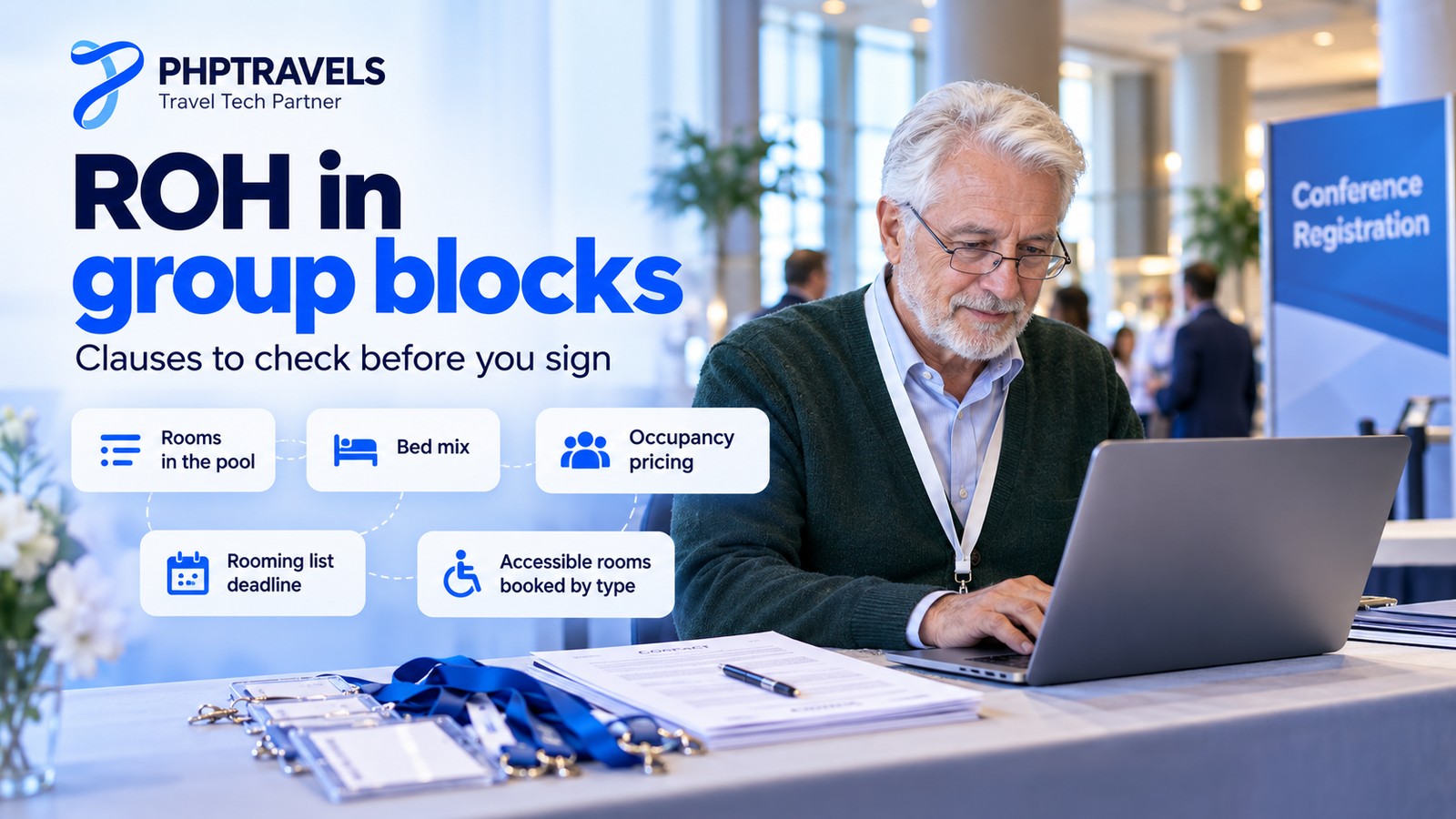 Event planner at a conference registration desk reviewing a run of house room block contract and rooming list on a laptop