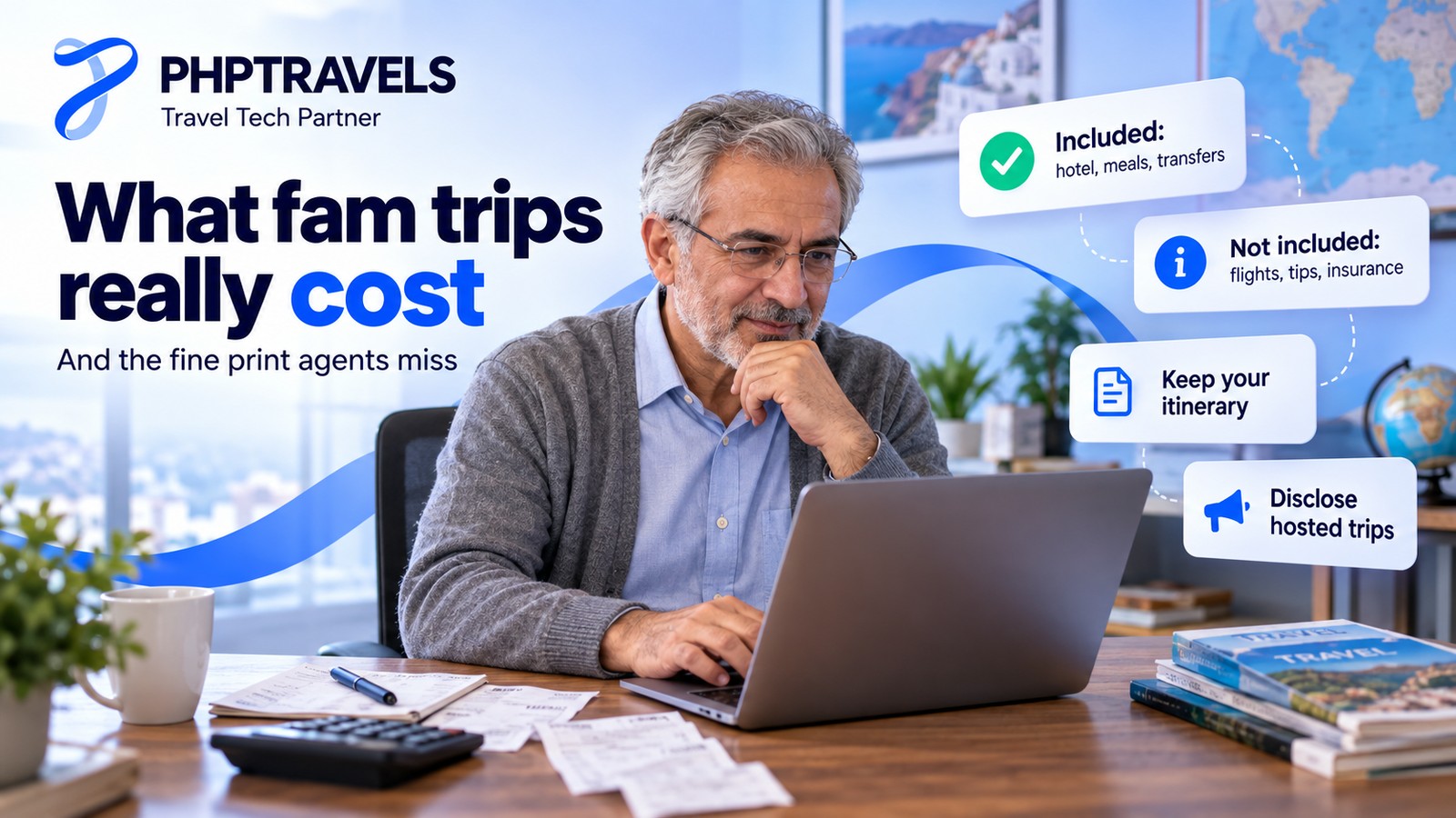 Independent travel advisor in a home office checking a fam trip's terms and receipts on a laptop, with cards for what is included, what is not, taxes and disclosure
