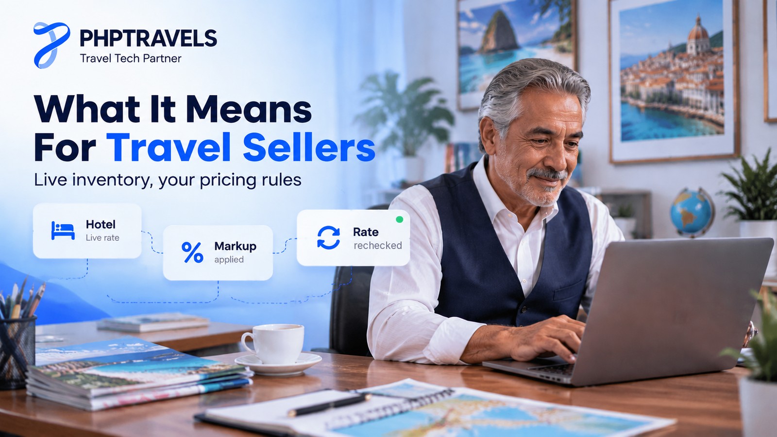 Travel agency owner at his desk building a hotel, flight and tour trip for a client on a laptop, with cards showing live rates, markup applied and rate rechecked