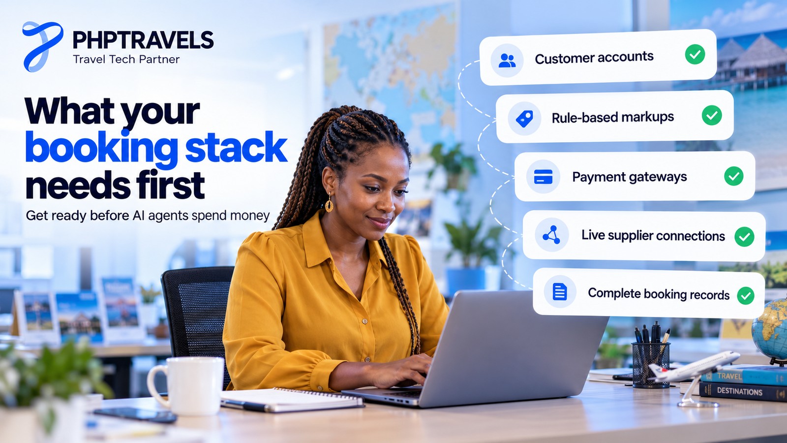 Agency operations lead at a laptop in a back office reviewing a checklist for AI-ready bookings