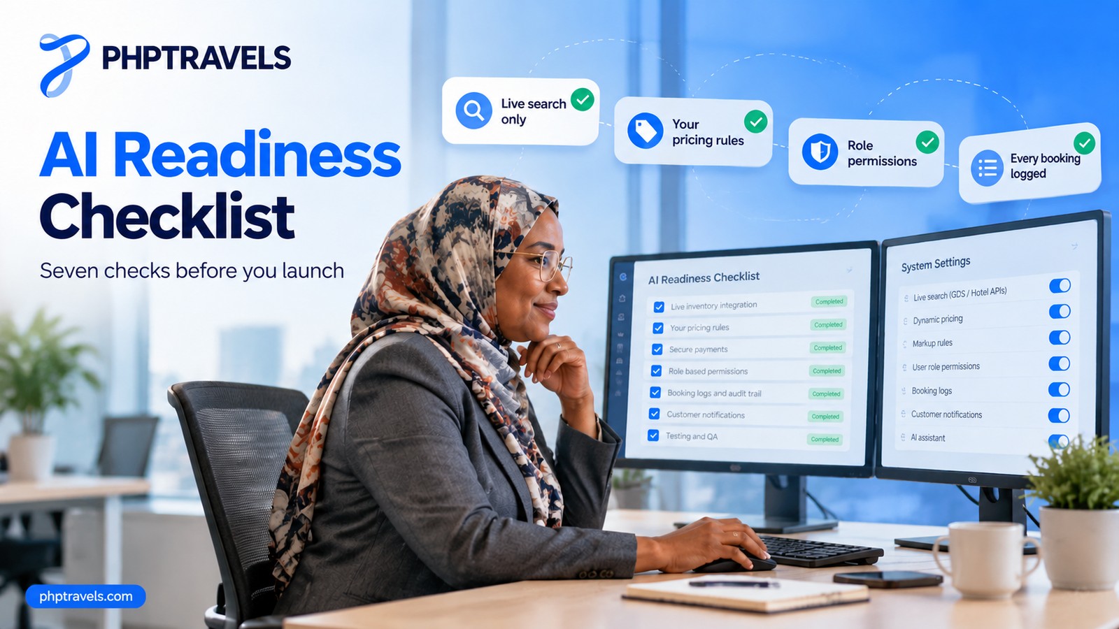 Product manager in a tech office ticking off an AI readiness checklist for a booking site across two monitors, with cards for live search only, pricing rules, permissions and logs